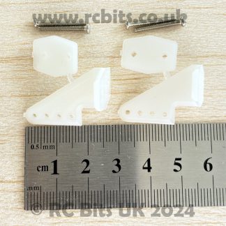 A pair of 28mm control horns showing dimensions