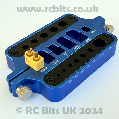 A blue Soldering Jig showing an XT60 in place