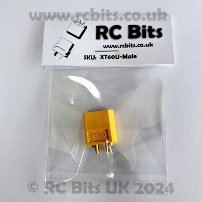 An XT60 Male Connector in a retail bag